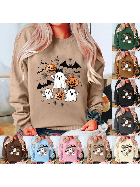 Funny Halloween Sweatshirts for Women Bat Pumpkin Ghost Graphic Sweatshirt Teen Girl Long Sleeve Crewneck Pullover Tops Light Blue M
