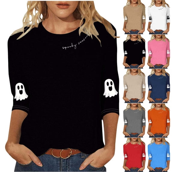 Feancey Funny Halloween T Shirts for Women 3/4 Sleeve Crewneck Tunic Tops Holiday Casual Ghost Print Graphic Tees Loose Fit Dressy Blouse Black M
