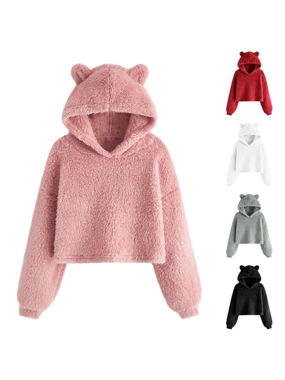 Fuzzy Fleece Hoodies for Teen Girls Cute Bear Ear Hooded Sweatshirts Long Sleeve Cropped Pullover Tops Winter Thermal Loungewear Pink 7 Years