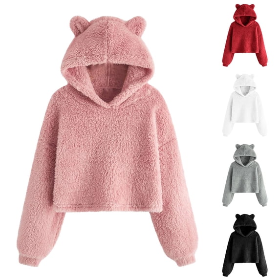 Feancey Fuzzy Fleece Hoodies for Teen Girls Cute Bear Ear Hooded Sweatshirts Long Sleeve Cropped Pullover Tops Winter Thermal Loungewear Red 8 Years
