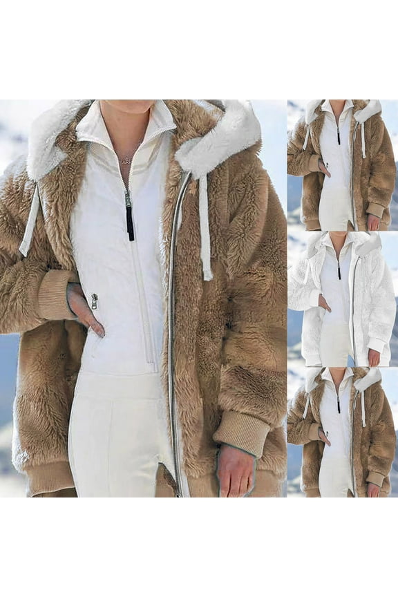 Fuzzy Jackets for Women Plus Size Hoodies Winter Long Sleeve Fleece Hooded Coats Comfy Warm Zip up Jacket Outerwear White 5XL