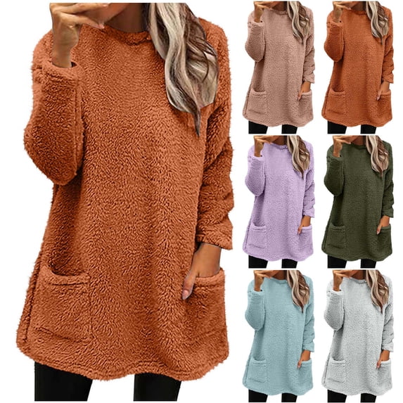 Feancey Fuzzy Pajamas for Women Long Sleeve Crewneck Thermal Tops Winter Warm Fleece Pullover Sweatshirts Comfy Loose Loungewear with Pockets Army Green S