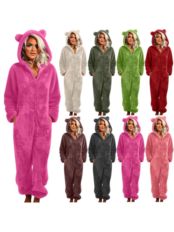 Fuzzy Pajamas for Women Plus Size Hooded Rompers Winter Fleece Warm Onesie Pjs Zipper Casual Plush Sleepwear One-Piece Jumpsuits with Pockets Hot Pink XXL