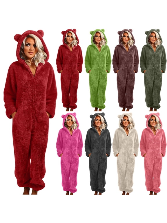 Fuzzy Pajamas for Women Plus Size Hooded Rompers Winter Fleece Warm Onesie Pjs Zipper Casual Plush Sleepwear One-Piece Jumpsuits with Pockets Hot Pink XXL