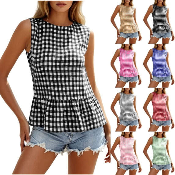 Feancey Gingham Sleeveless Shirts for Women Peplum Hem Summer Tank Tops Lightweight Casual Babydoll Crop Top for Daily Wear Red S