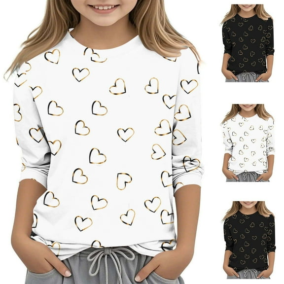 Feancey Girls 3/4 Sleeve T Shirt Lightweight Casual Loose Tunic Tops Cute Heart Printed Round Neck Blouse Summer Trendy Tshirts Novelty Gifts Black 11 Years