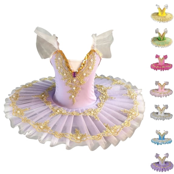 Feancey Girls Ballet Tutu Princess Dress Sequin Toddler Girl Puff Sleeve Tulle Dresses Gold Lace Trim Performance Dance Dress for Kids Sky Blue 7 Years