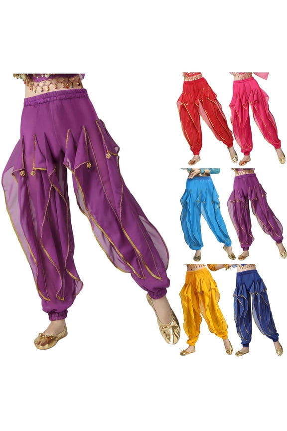 Girls Belly Dance Pants Tribal Baggy Arabic Pants Ruffled Wide Leg Barrel Pants Low Rise Chiffon Performance Trousers Purple XL