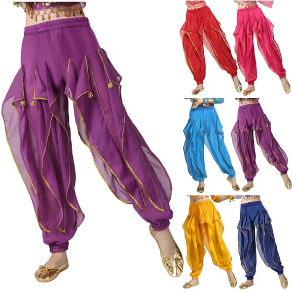 Feancey Girls Belly Dance Pants Tribal Baggy Arabic Pants Ruffled Wide Leg Barrel Pants Low Rise Chiffon Performance Trousers Sky Blue XL
