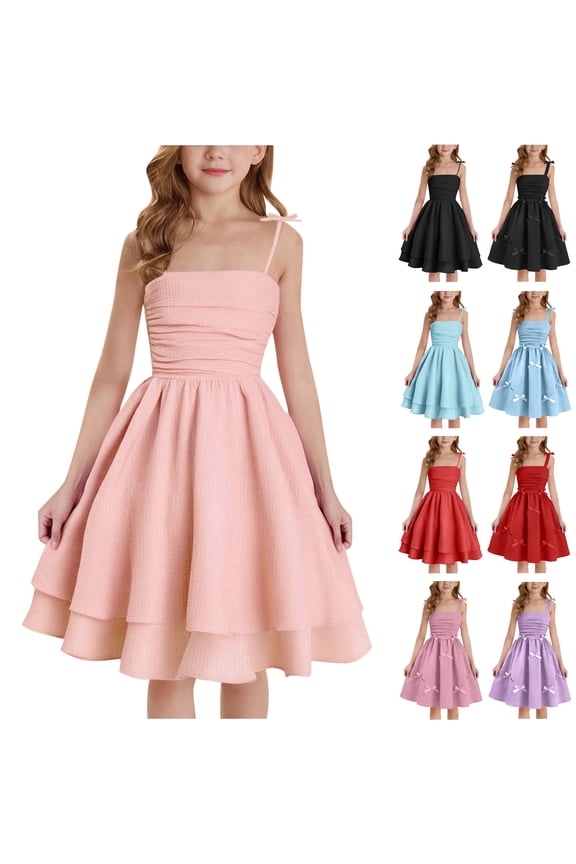 Girls Cami Dresses Bow Straps A Line Dress Little Girl Ruched High Waist Mini Dresses Flowy Swim Cute Holiday Party Dress Purple 6-7 Years