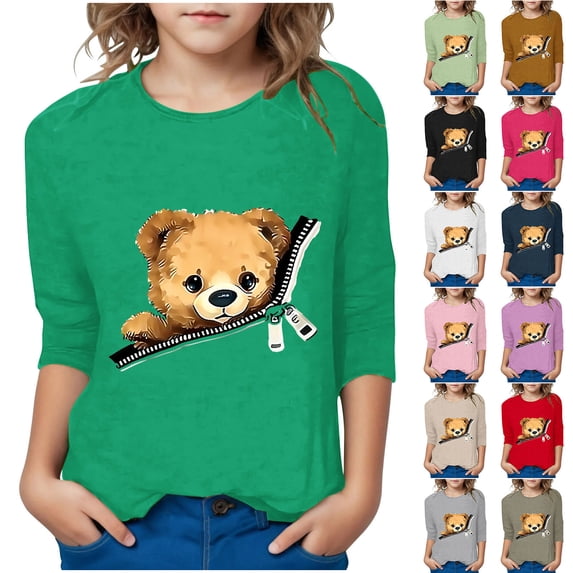 Feancey Girls Casual 3/4 Sleeve T-Shirts Cute 3D Printed Crewneck Tunic Tops Kids Loose Fit Cotton Tshirt Summer Pullover Tees Gray 4 Years