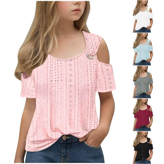 Feancey Girls Cold Shoulder Tops Summer Casual Short Sleeve Eyelet T Shirts Solid Color Loose Blouse Kids Trendy Tunic Tees Spring Sales Red 150