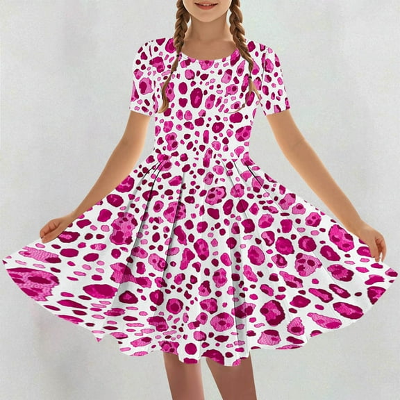 Feancey Girls Dance Dress Leopard Printed Trendy Party Dresses Summer Short Sleeve High Waist Swing Dress Flowy Pleated A-Line Dresses Hot Pink 9 Years