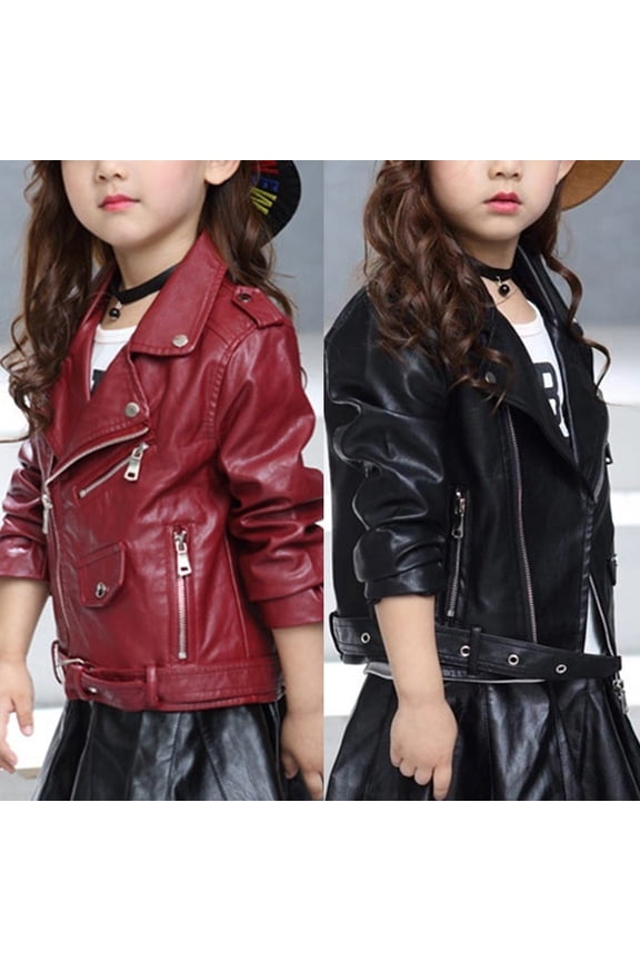 Girls Faux Leather Jacket Windproof Motorcycle Jackets for Kids Boys PU Zip Up Cropped Jacket Belted Fashion Bomber Jackets with Pockets Black 130
