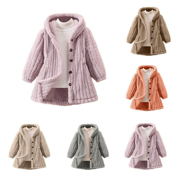 Feancey Girls Hooded Fleece Jacket Toddler Girl Long Fuzzy Coat Button Down Casual Warm Winter Coats for Kids Open Front Sweater Jackets Pink 5 Years