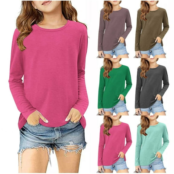 Feancey Girls Long Sleeve Shirts Fall Casual Crew Neck Tops Teen Girl Soft Tunic Tees Kids Solid Color Base Layer T-Shirts Brown 13 Years