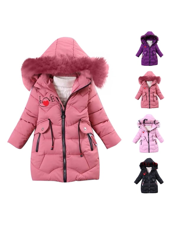 Girls Long Winter Coats Love Heart Print Padded Down Jacket Little Girl Faux Fur Hooded Coat Outdoor Windproof Outerwear with Zipper Pockets Red 9 Years