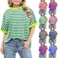 thumbnail image 1 of Feancey Girls Oversized T Shirts 2025 Trendy Colorblock Striped Print Tops Summer Short Sleeve Crewneck Tees Loose Fit Casual Blouse Flash Sales Today Clearance Blue 9 Years, 1 of 6