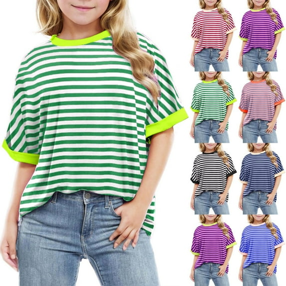 Feancey Girls Oversized T Shirts 2025 Trendy Colorblock Striped Print Tops Summer Short Sleeve Crewneck Tees Loose Fit Casual Blouse Flash Sales Today Clearance Blue 9 Years