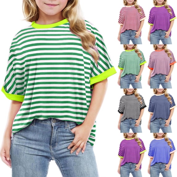Feancey Girls Oversized T Shirts 2025 Trendy Colorblock Striped Print Tops Summer Short Sleeve Crewneck Tees Loose Fit Casual Blouse Limited Time Sales Green 3 Years