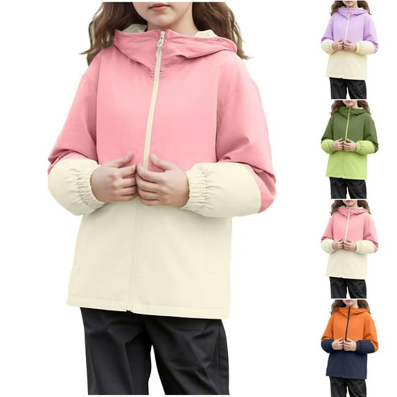 Feancey Girls Rain Coats Kids Color Block Hooded Rain Jacket Outdoor Waterproof Hiking Jackets Lightweight Windbreaker Softshell with Pockets Green 14 Years