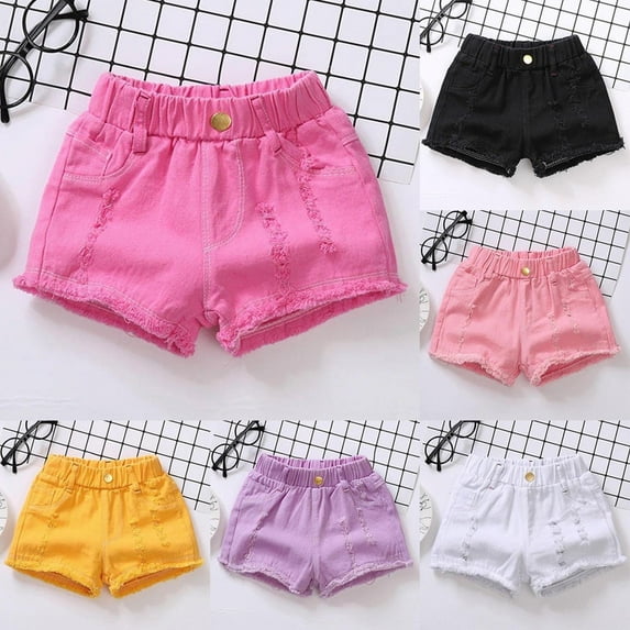 Feancey Girls Ripped Denim Shorts Little Kids Fur Hem Jeans Solid Casual Elastic Waist Short Pants for Summer Clothes Yellow 4XL