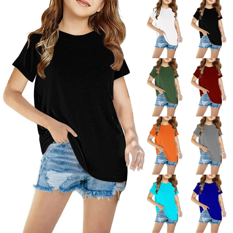 Feancey Girls Short Sleeve T Shirts Solid Color Basic Tees Crew Neck Comfort Soft Summer Tops 2024 Kids Casual Athletic Tshirts Back to School
