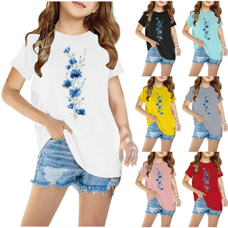 Feancey Girls T Shirts Trendy Floral Print Round Neck Shirts Summer Short Sleeve Loose Fit Cute Tops 2024 Casual Basic Tees Girls Back to School