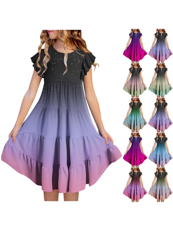 Girls Tiered Dresses Summer Ruffle Sleeveless Swing Dress Dressy Trendy Gradient Print A-Line Dresses Pleated Flowy Party Dress Black 6 Years