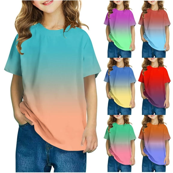 Feancey Girls' Tops Trendy Summer Short Sleeve T-Shirts Loose Fit Casual Gradient Graphic Tees Comfy Crewneck Blouse Green 7 Years