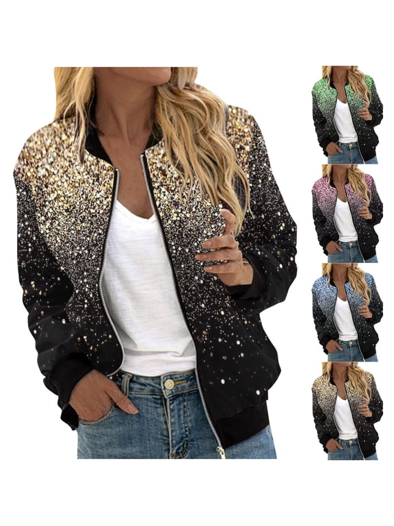 Gold Sequin Bomber Jackets for Women Glitter Lightweight Zip Up Fashion Jacket Sparkly Long Sleeve Stand Collar Party Coat Outwear with Pockets Holiday Clearance,Pink,S