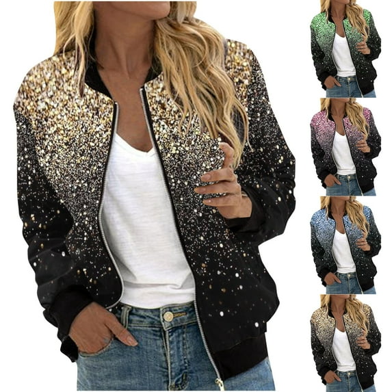 Feancey Gold Sequin Bomber Jackets for Women Glitter Lightweight Zip Up Fashion Jacket Sparkly Long Sleeve Stand Collar Party Coat Outwear with Pockets Holiday Sales,Blue,S