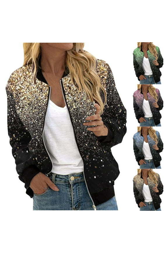 Gold Sequin Bomber Jackets for Women Glitter Lightweight Zip Up Fashion Jacket Sparkly Long Sleeve Stand Collar Party Coat Outwear with Pockets Clearance Sale,Gold,XL