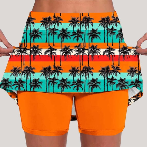 Feancey Golf Skirts for Women with Shorts Plus Size Casual Workout Skorts 2 Pockets Flower Printed Tennis Mini Skirt Active High Waist Running Skort Orange 3XL