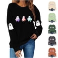 thumbnail image 1 of Feancey Graphic Sweatshirts for Women Funny Cute Ghost Print Halloween Tops Fall Long Sleeve Crewneck Sweatshirt Teen Girl Y2K Clothes Army Green M, 1 of 9