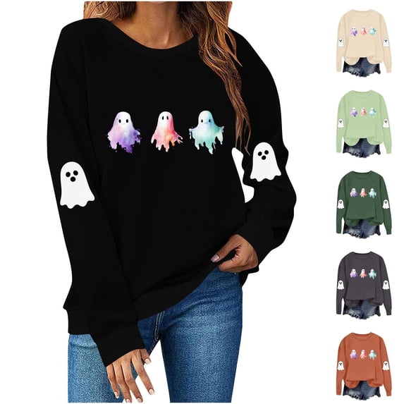Feancey Graphic Sweatshirts for Women Funny Cute Ghost Print Halloween Tops Fall Long Sleeve Crewneck Sweatshirt Teen Girl Y2K Clothes Army Green M