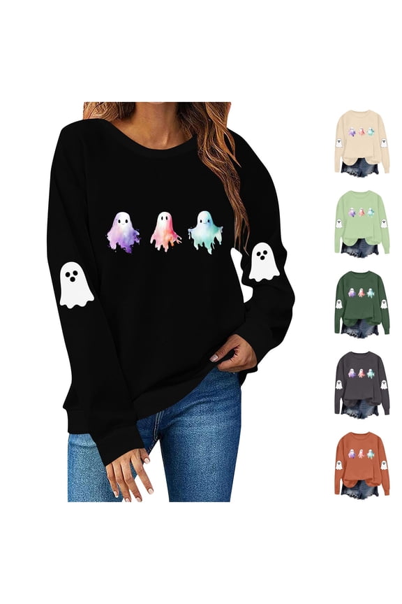 Graphic Sweatshirts for Women Funny Cute Ghost Print Halloween Tops Fall Long Sleeve Crewneck Sweatshirt Teen Girl Y2K Clothes Army Green S