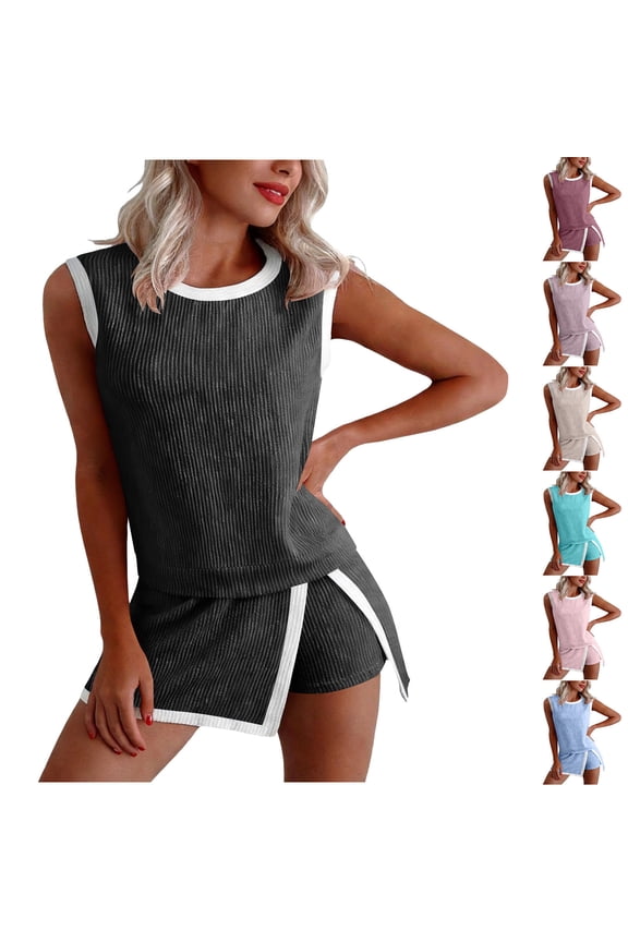Gym Outfits for Women Color Block 2 Piece Workout Sets Summer Ribbed Knit Tank Top Side Split Skorts Matching Sets Purple S