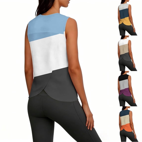 Feancey Gym Workout Tank Tops Women Color Block Sleeveless Summer T-Shirts Back Split Casual Plus Size Athletic Tank Top for Pilates Yoga Light Blue 4XL