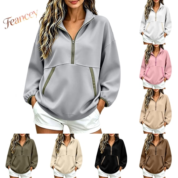Feancey Half Zip Pullover Sweatshirts for Women Oversized Long Sleeve Stand Collar Sweatshirt Loose Fit Casual Going Out Tops 2026 Fall Winter Clothes Beige XL