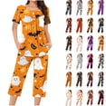 thumbnail image 1 of Feancey Halloween Capri Pants Set for Women 2 Piece Pajama Sets Cute Ghost Print Ruched Blouse and Capris Pjs Two Piece Cozy Soft Loungewear Set Black XL, 1 of 5