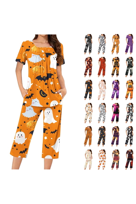 Halloween Capri Pants Set for Women 2 Piece Pajama Sets Cute Ghost Print Ruched Blouse and Capris Pjs Two Piece Cozy Soft Loungewear Set Black XL