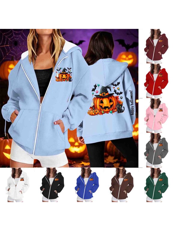 Halloween Full Zip Hoodie for Women Funny Pumpkin Graphic Zip Up Sweatshirt Jackets Drawstring Hooded Oversized Zipper Jacket with Pockets Holiday Gifts Wine S