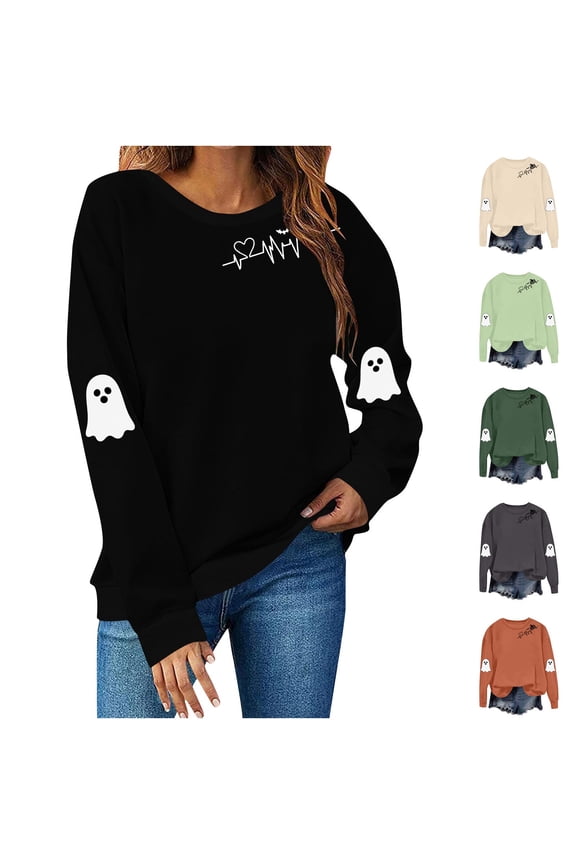 Halloween Ghost Sweatshirts for Women Spooky Season Sweatshirt Lightweight Long Sleeve Crewneck Pullover Tops Winter Casual Cute Tees Army Green XL