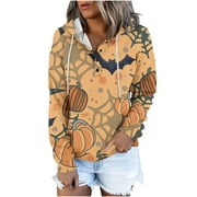 Feancey Halloween Hoodies for Women,Women's Trendy Graphic Sweatshirts Casual Button Long Sleeve Hooded Sweatshirt Halloween Y2K Loose Pullover Shirts Tops