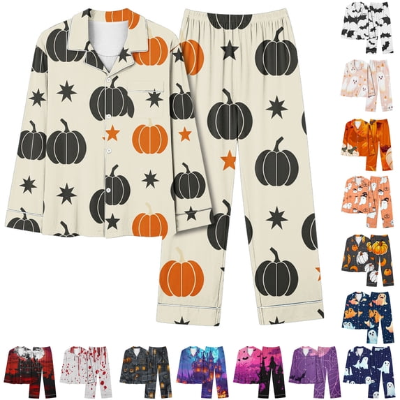 Feancey Halloween Pajama Pant Sets for Women 2 Piece Loungewear Set Holiday Novelty Print Button Down Sleepwear Soft Cozy Pjs Two Piece Birthdal Gifts Orange XL
