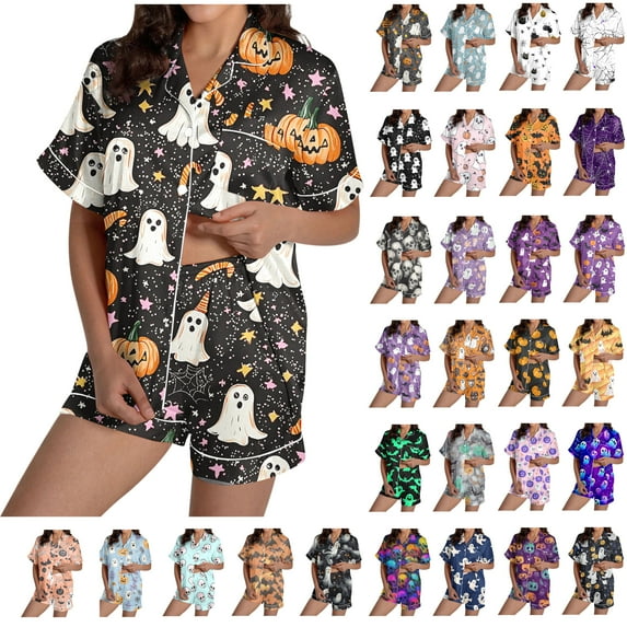 Feancey Halloween Pj Sets for Women Button Down Pajama Shorts Set Holiday Novelty Print Short Sleeve Sleepwear Cozy Loungewear Outfits Gray S
