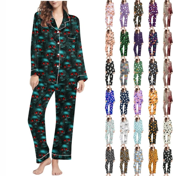 Feancey Halloween Pjs Set Women Long Sleeve Button Down Sleepwear Vintage Spider Web Print Pajamas Lounge Pants Two Piece Outfits Sets Gray M