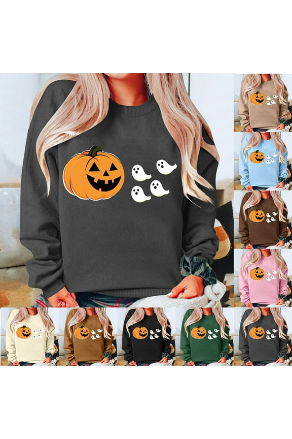 Halloween Pumpkin Sweatshirts for Women Cute Ghost Graphic Sweatshirt Teen Girls Long Sleeve Crewneck Pullover Tops Army Green M