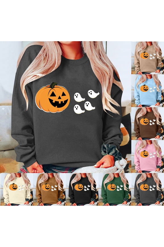 Halloween Pumpkin Sweatshirts for Women Cute Ghost Graphic Sweatshirt Teen Girls Long Sleeve Crewneck Pullover Tops Army Green XXL